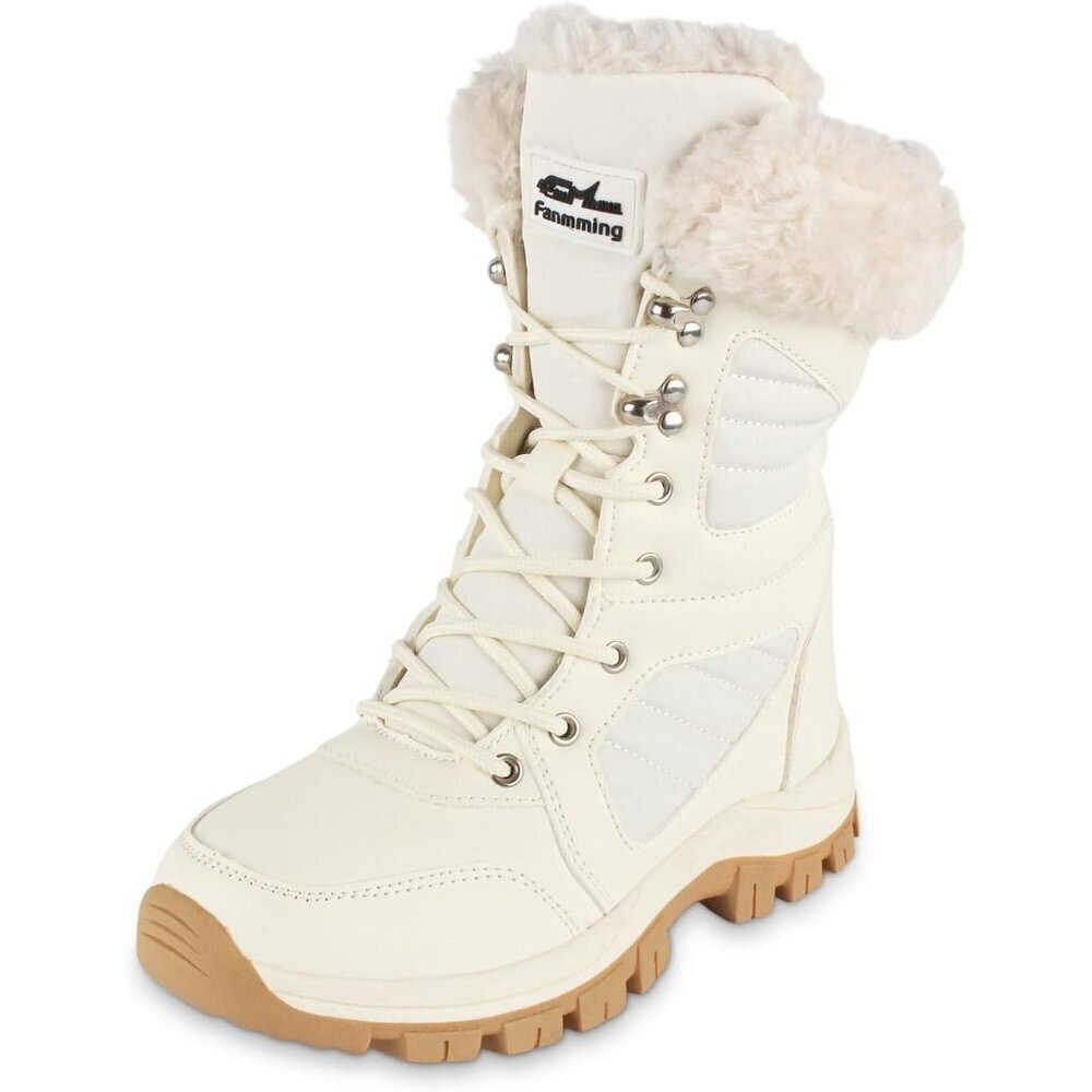 Women's White Waterproof Winter Lightweight Warm Faux Fur Lined Mid-calf Boots